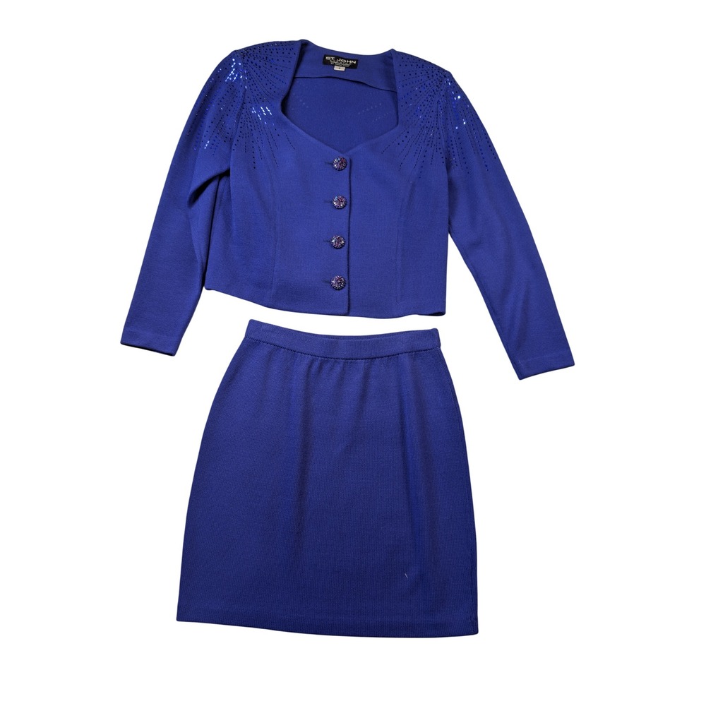 St John Evening Marie Gray Santana Knit Skirt Suit Royal Blue Sequin 2 Piece 2